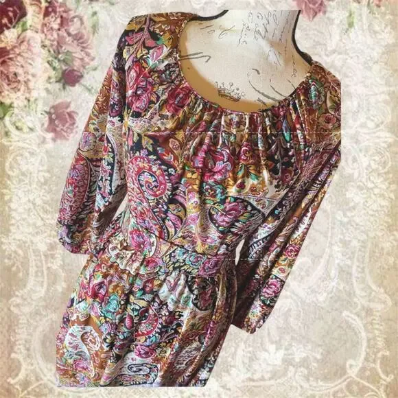 Vintage 1980s Paisley Midi Dress Boho Floral Long Sleeve Back Sash Tie - Picture 5 of 10